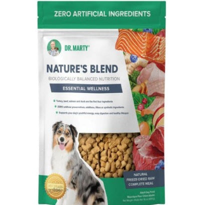 Package of Dr. Marty's Nature's Blend dog food with a dog illustration on a white background